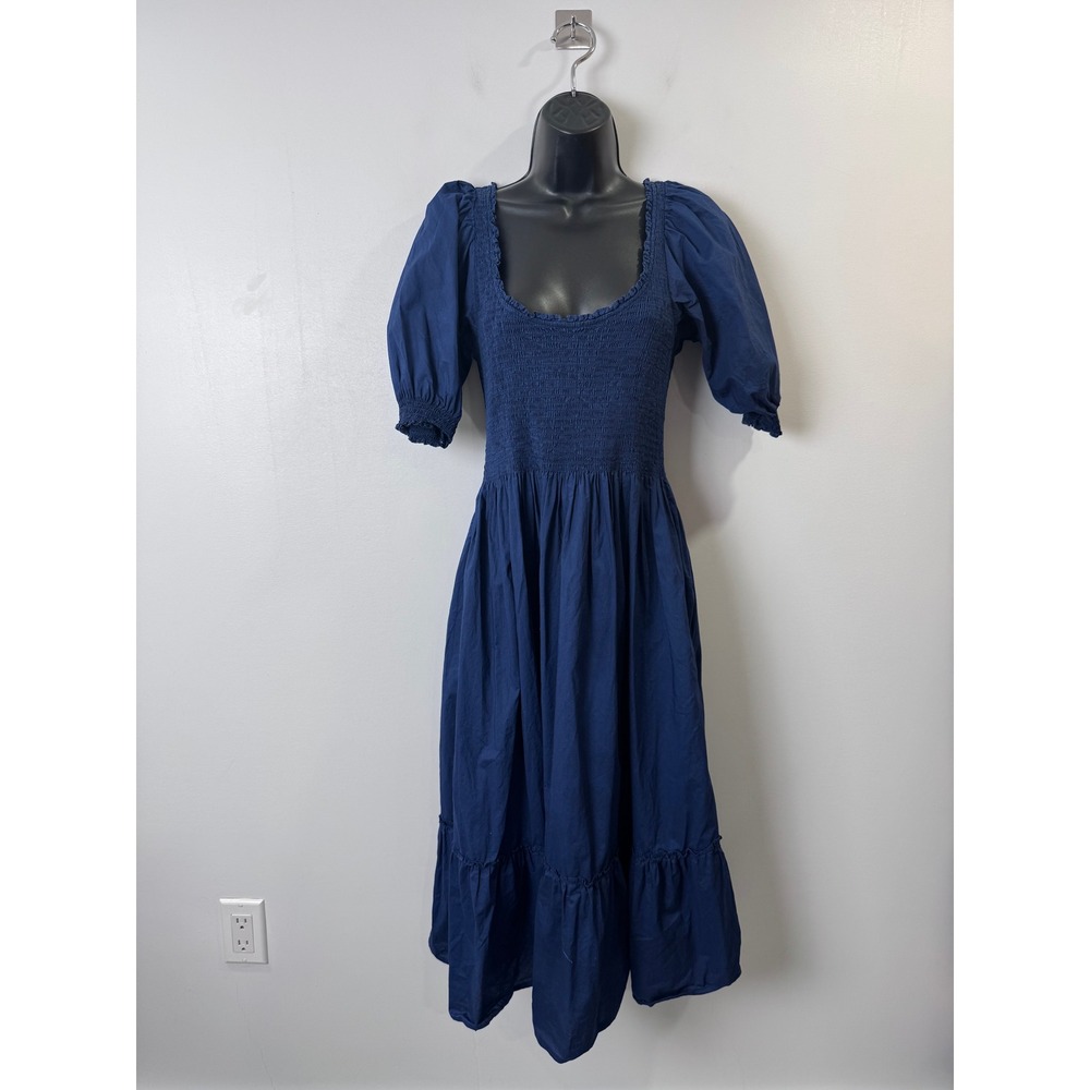 Hill House The Louisa Nap Dress Smocked Puff Sleeve Midi Navy Blue Large